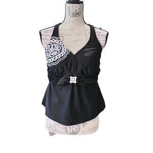 Faded Glory Black Swim Top‎ Halter Tankini Backless Front Metal Decor size 1X